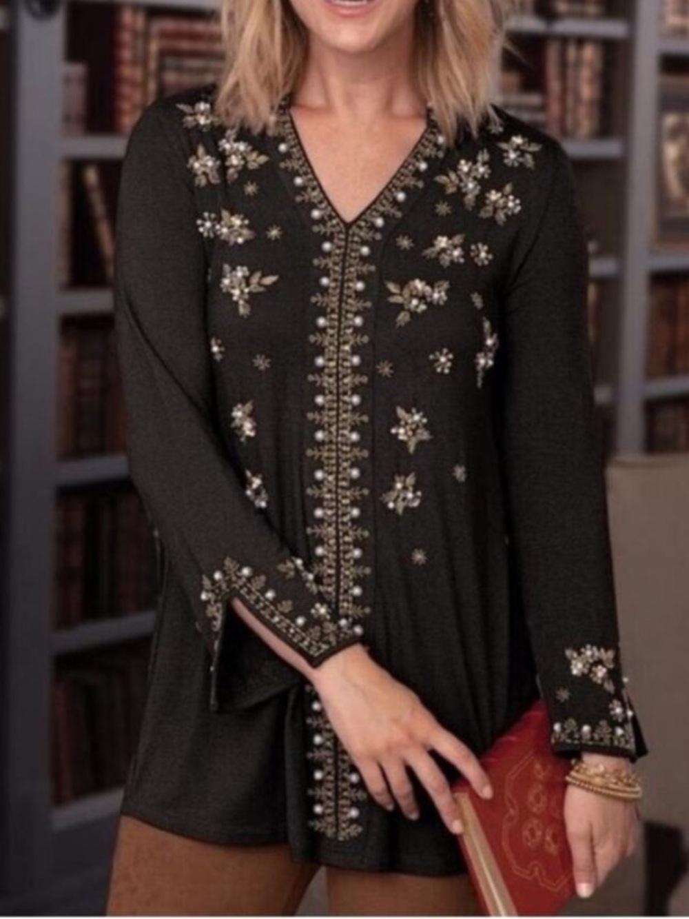 Soft Surroundings Women M Black Beaded Boho Long Sleeve Festa Tunic Top NWT